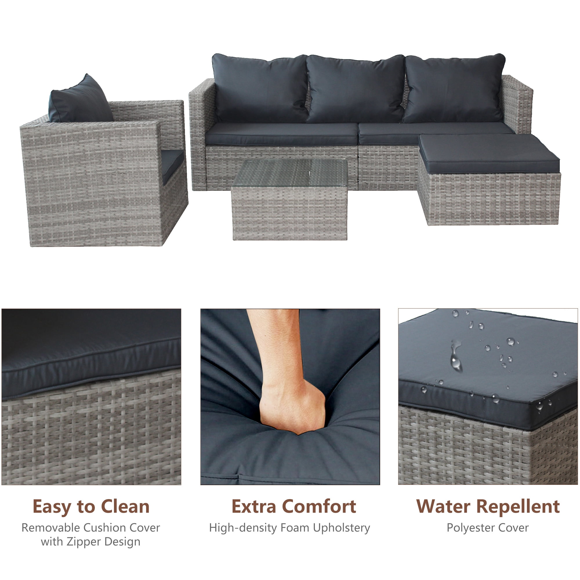 4 Pieces Patio Furniture Sectional Set, Outdoor All-Weather Wicker Conversation Set with 3-Seater Sofa & Table, Rattan Sectional Sofa Set, Backyard Porch Balcony Use Furniture Set, K2813