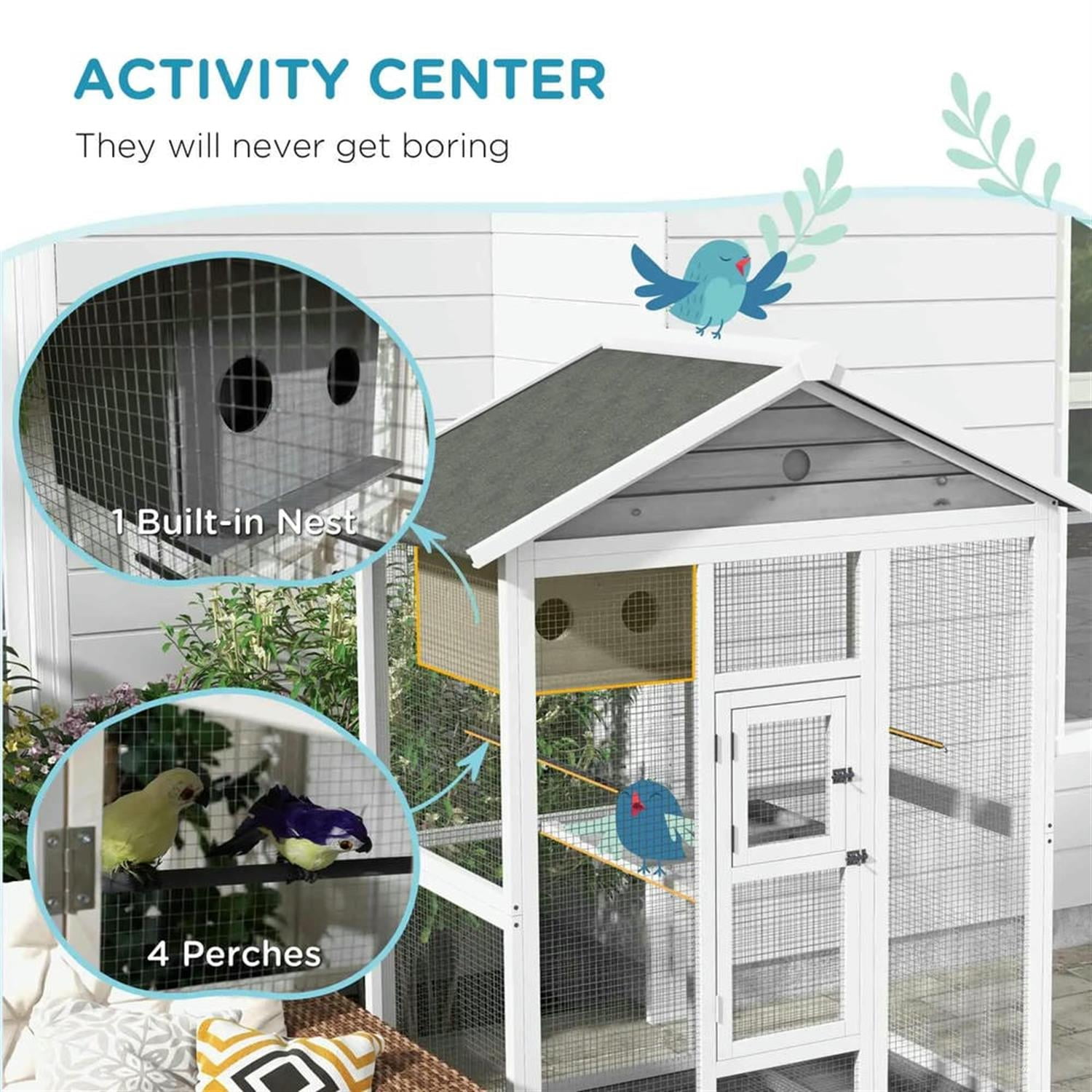 Kadyn 64" Height Wooden Outdoor Flight Bird Cage Aviary with 4 Perches and Slide-Out Tray for Parrots Conures Lovebird Cockatiel Parakeets, Gray