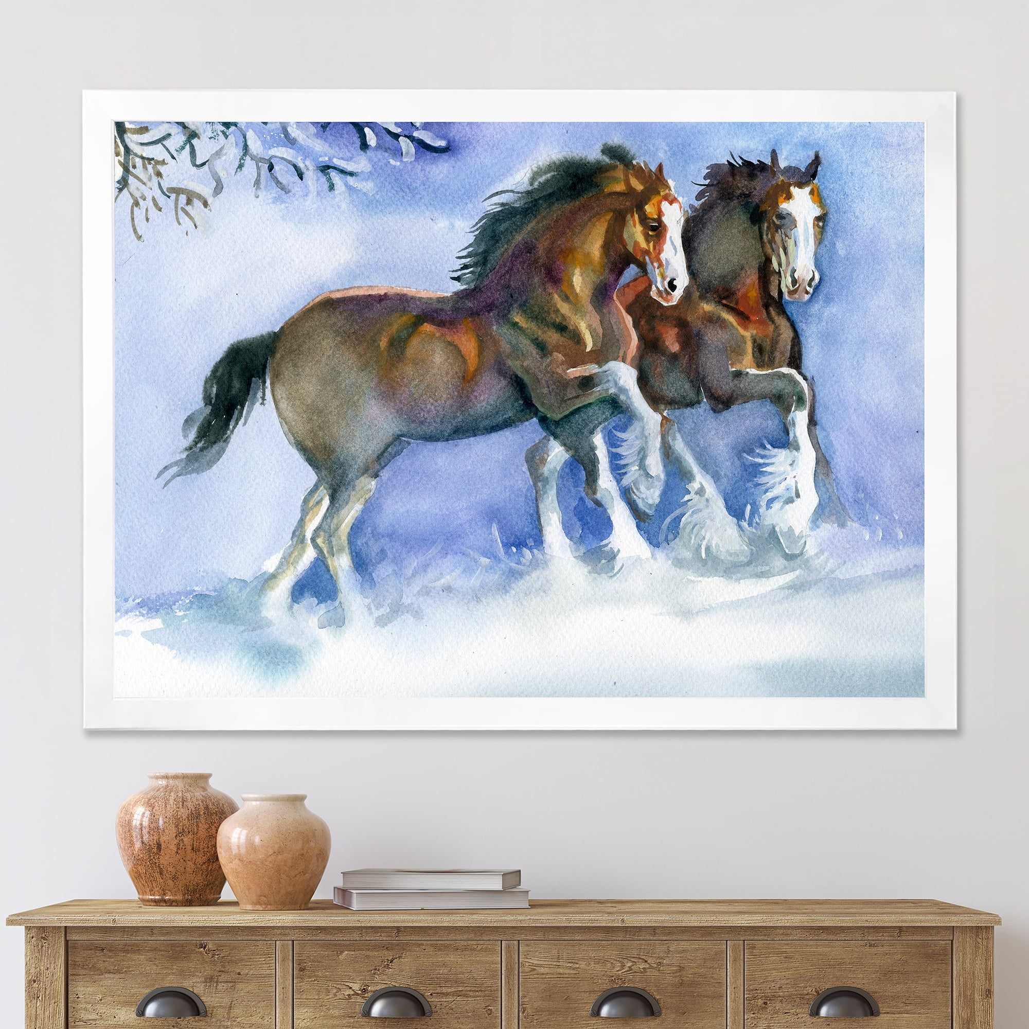 Designart 'Horses Running In Winter On Blue' Farmhouse Framed Art Print