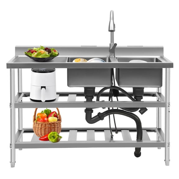 Free Standing Double Bowl Stainless Steel Utility Sink with Pull-out Faucet, Dual Bowl Commercial Kitchen Sink Stainless Steel Prep for Restaurant, Kitchen, Backyard, Garages, Outdoor