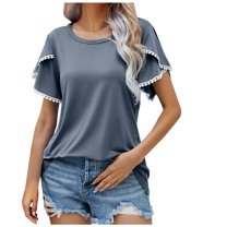 Annhoo Summer Tops for Women Cute Petal Short Sleeve Round Neck Dressy Shirts Fashion Lace Crochet Outfits
