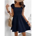 thumbnail image 6 of Navy Blue Womens Solid Boat Neck Ruffled Cap Sleeve Smocked Waist A-Line Short Dress, 6 of 6