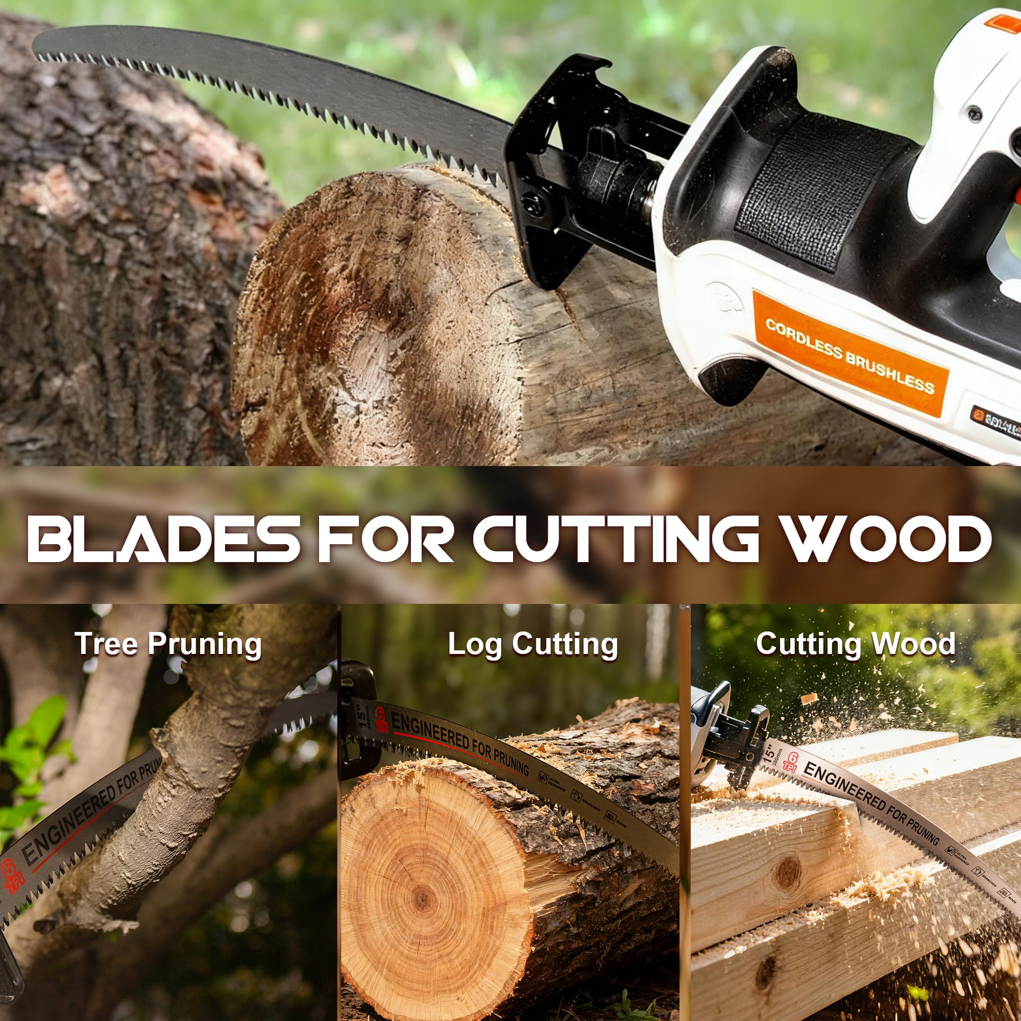 15“ Reciprocating Saw Blades,  Arc Edge Wood Pruning Saw Blades, 6TPI for Tree Trimming, Wood Cutting, 3PCS