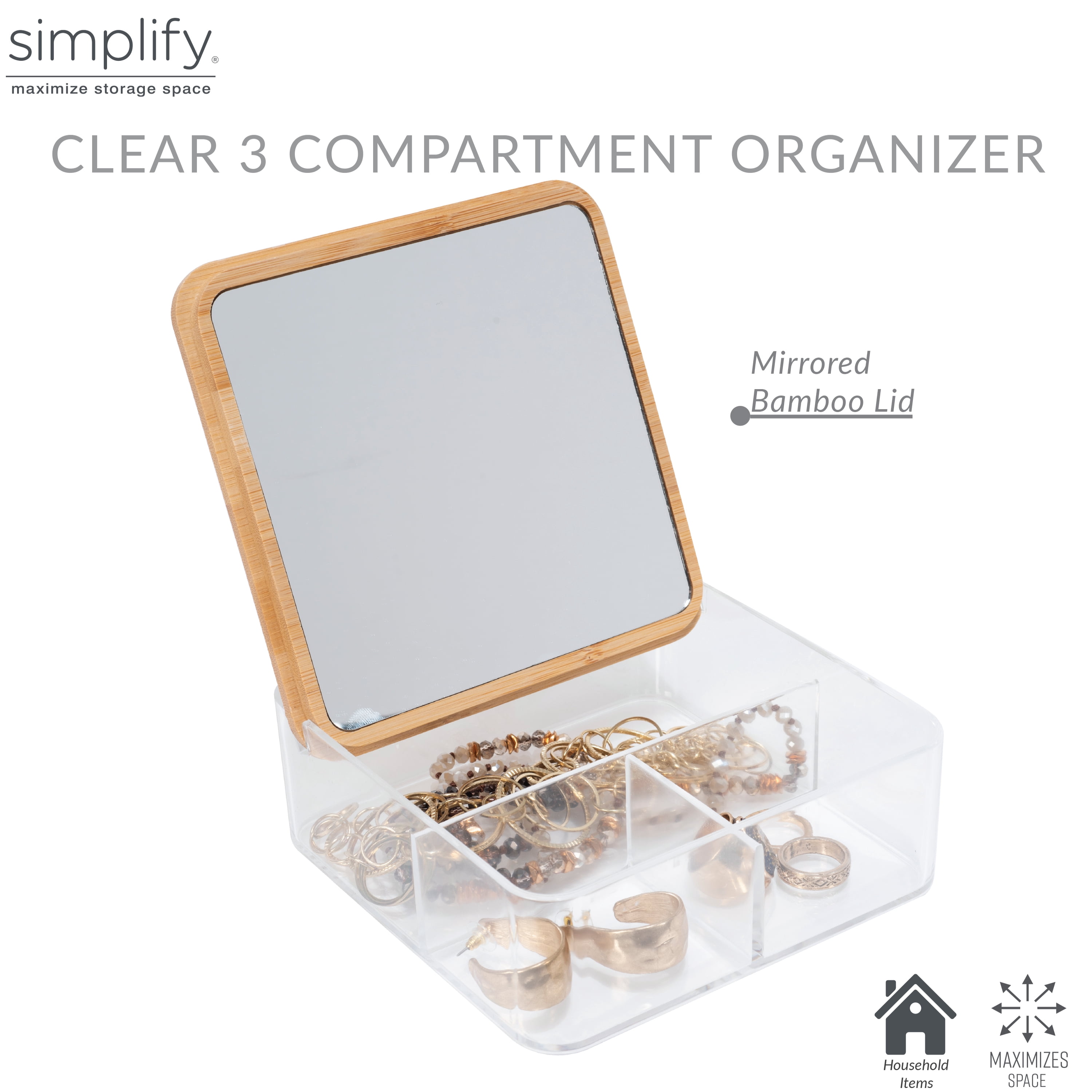 Simplify 3 Compartment Clear Plastic Organizer with Bamboo Lid & Mirror