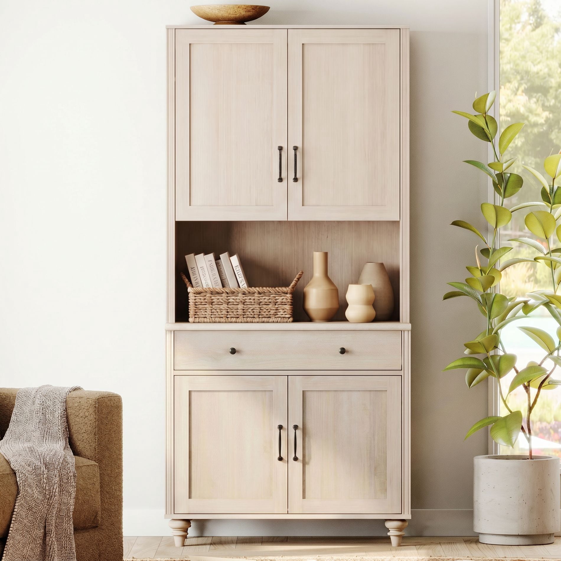 72"H × 34"W Farmhouse Wooden Library Bookcase with Spacious Storage Cabinet, Freestanding Bookshelf for Living Room, Office & Study Room, Beige