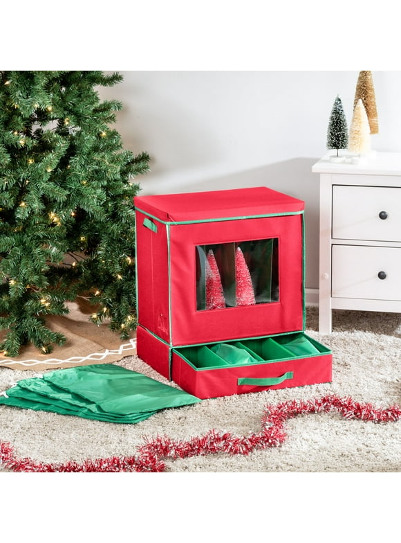 Honey-Can-Do Polyester Christmas 12-Compartment Storage Box with Drawer, Red