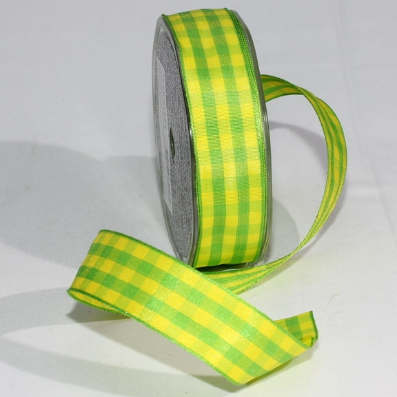 The Ribbon People Yellow and Green Gingham Wired Woven Edge Craft Ribbon 1" x 54 Yards