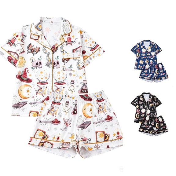 Weebloom Halloween Pajamas For Women Set Print Short Sleeve Button Up Tops And Shorts Pajama Casual Digital Floral Comfort Fit Sleepwear Nightwear Pjs Loungewear White M