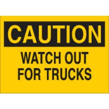 brady 41283 10" width x 7" height b-555 aluminum, black on yellow chemical and hazardous materials sign, header "caution", legend "watch out for trucks"