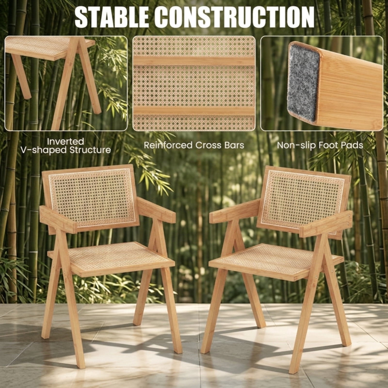 Furnibear Set of 2 Rattan Accent Chairs with Natural Bamboo Frame and Wide Seat for Living Room Dining Room and Kitchen, Natural