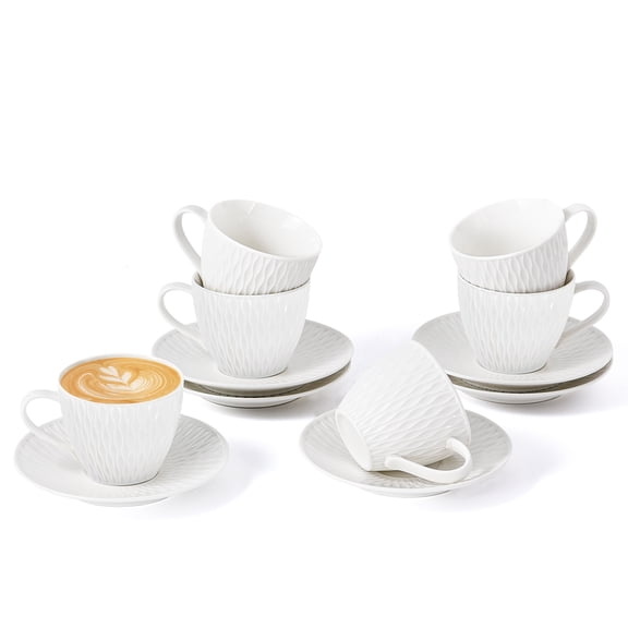 Espresso Cup and Saucer Set of 6, 6 oz Ceramic Cappuccino Barista Cup with Saucer, Stackable Coffee Mugs for Demitasse, Au Lait, Latte, Cafe Mocha, Tea, Birthday Day Thanksgiving Christmas Gift, Whit