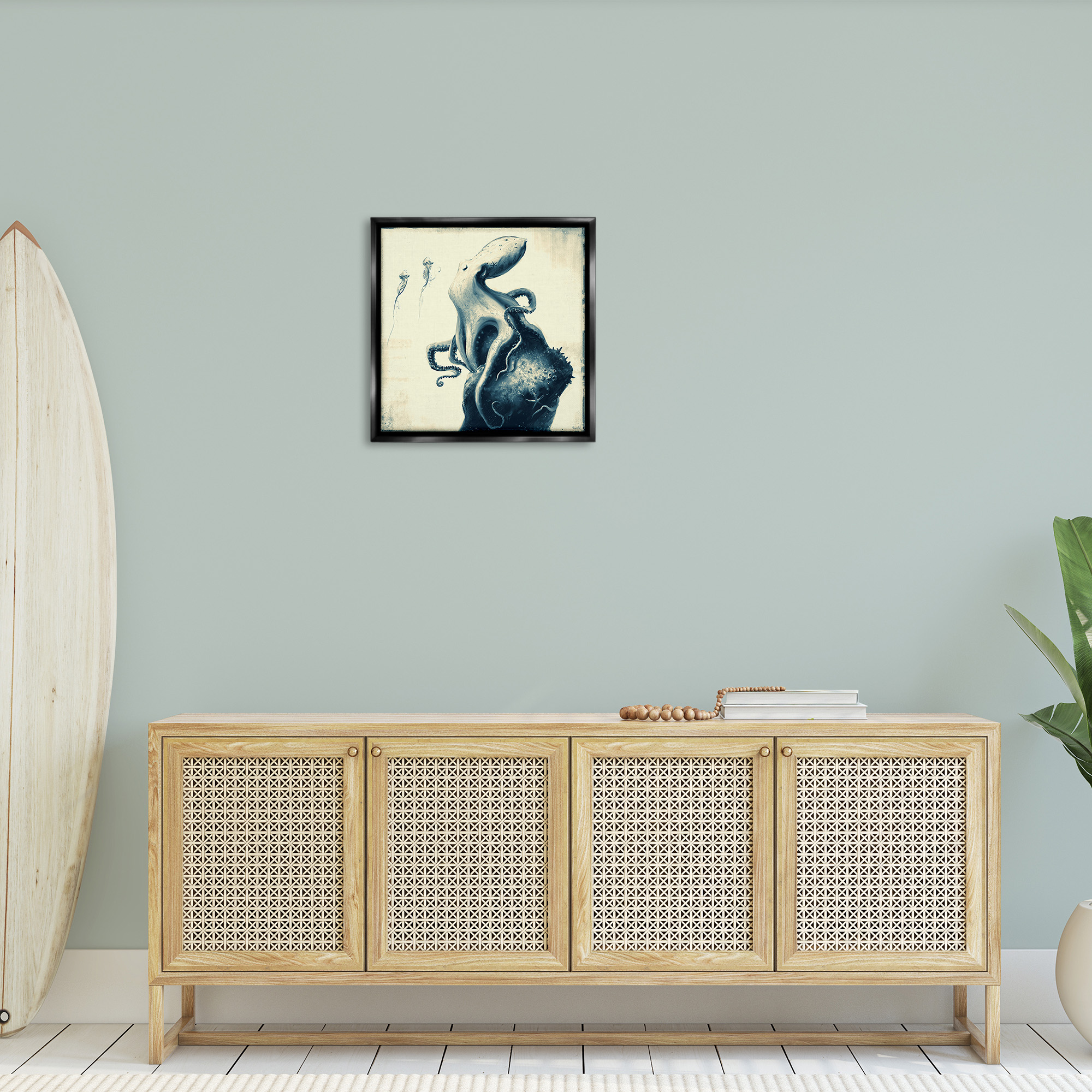 Stupell Industries Vintage Octopus & Jellyfish Animals & Insects Painting Black Floater Framed Canvas Art Print Wall Art, 25 x 25