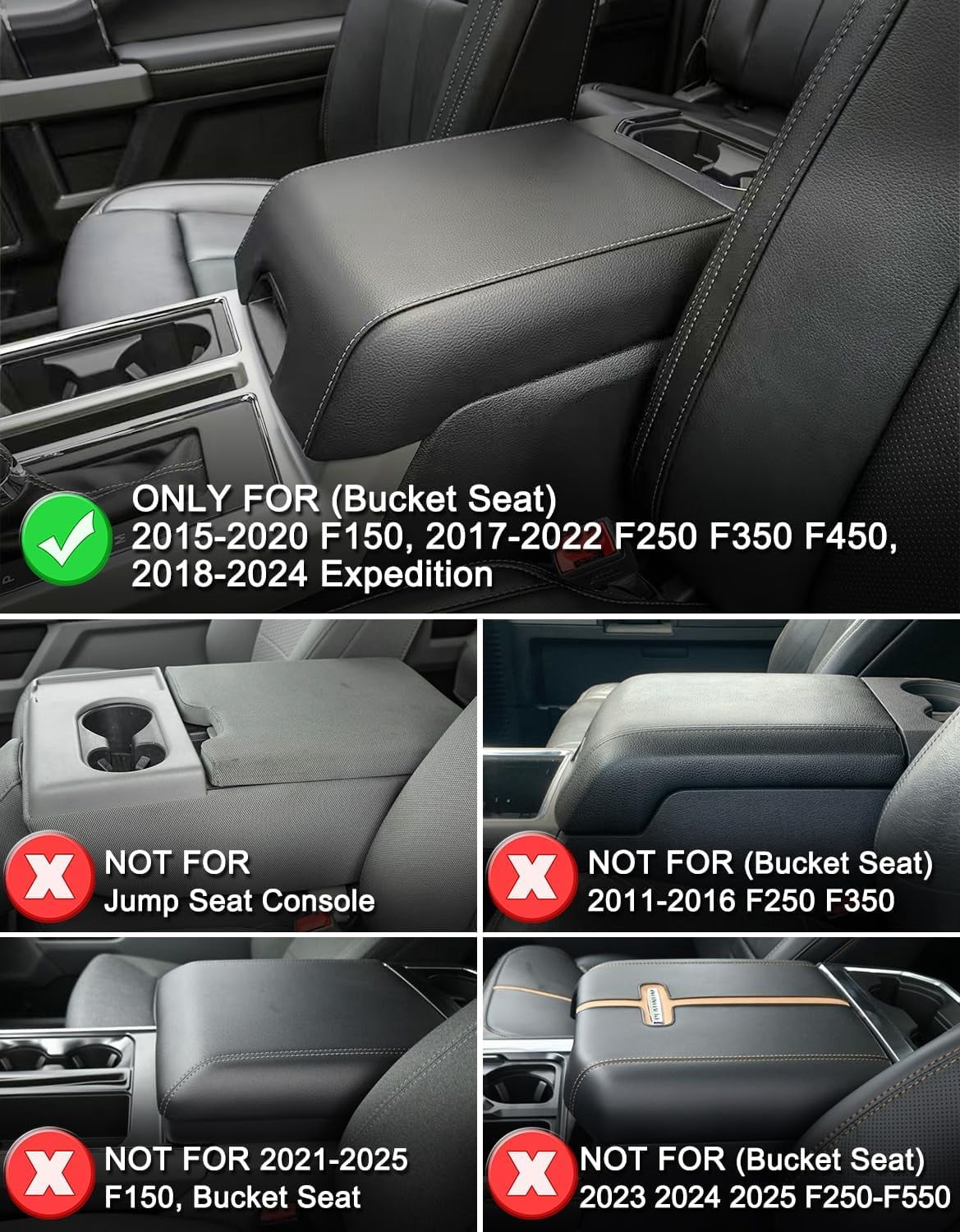 KBH Center Console Cover for 2015-2020 Ford F150, 2017-2022 F250 F350 F450 F550, 2018-2024 Expedition Accessories, PU Leather Armrest Cover Protector (Bucket Seat Only)