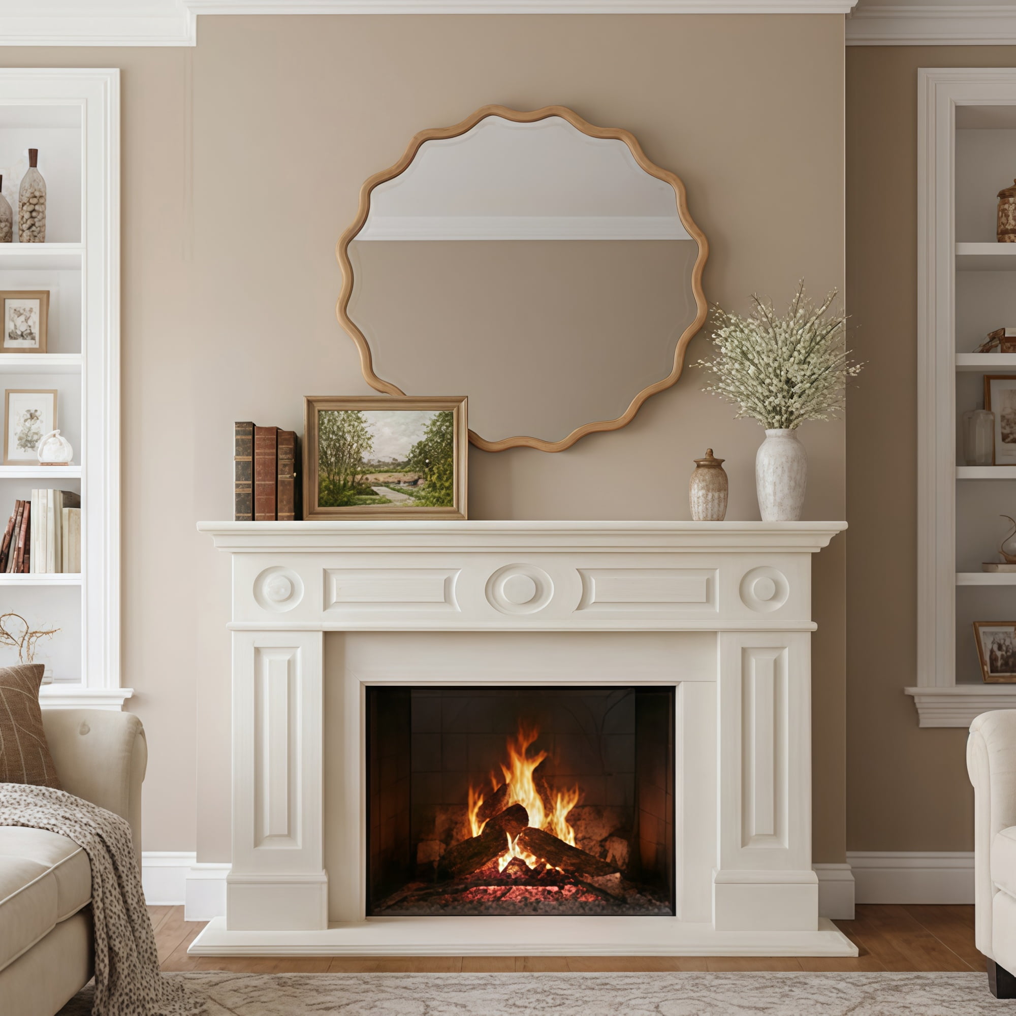 Leumius 36" Wavy Round Mirror, Solid Wood Frame Decorative Mirror for Bedroom Bathroom Living Room Entryway Natural
