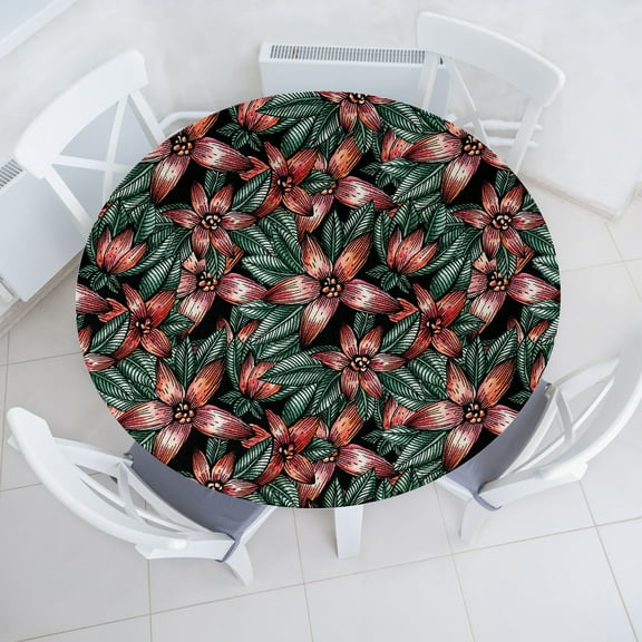 Ambesonne Spring Fitted Round Tablecloth, Vintage Red Flowers Pattern, 45"- 56" Diameter, Dark Green Burnt Sienna