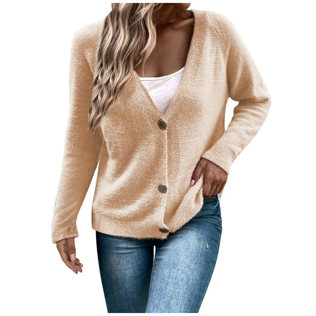 wmjolc Cardigans pour Femmes en Solde Ouvert Bouton Col en V Chandail Hauts Automne Manches Longues Tricot Léger Vestes Cardigans
