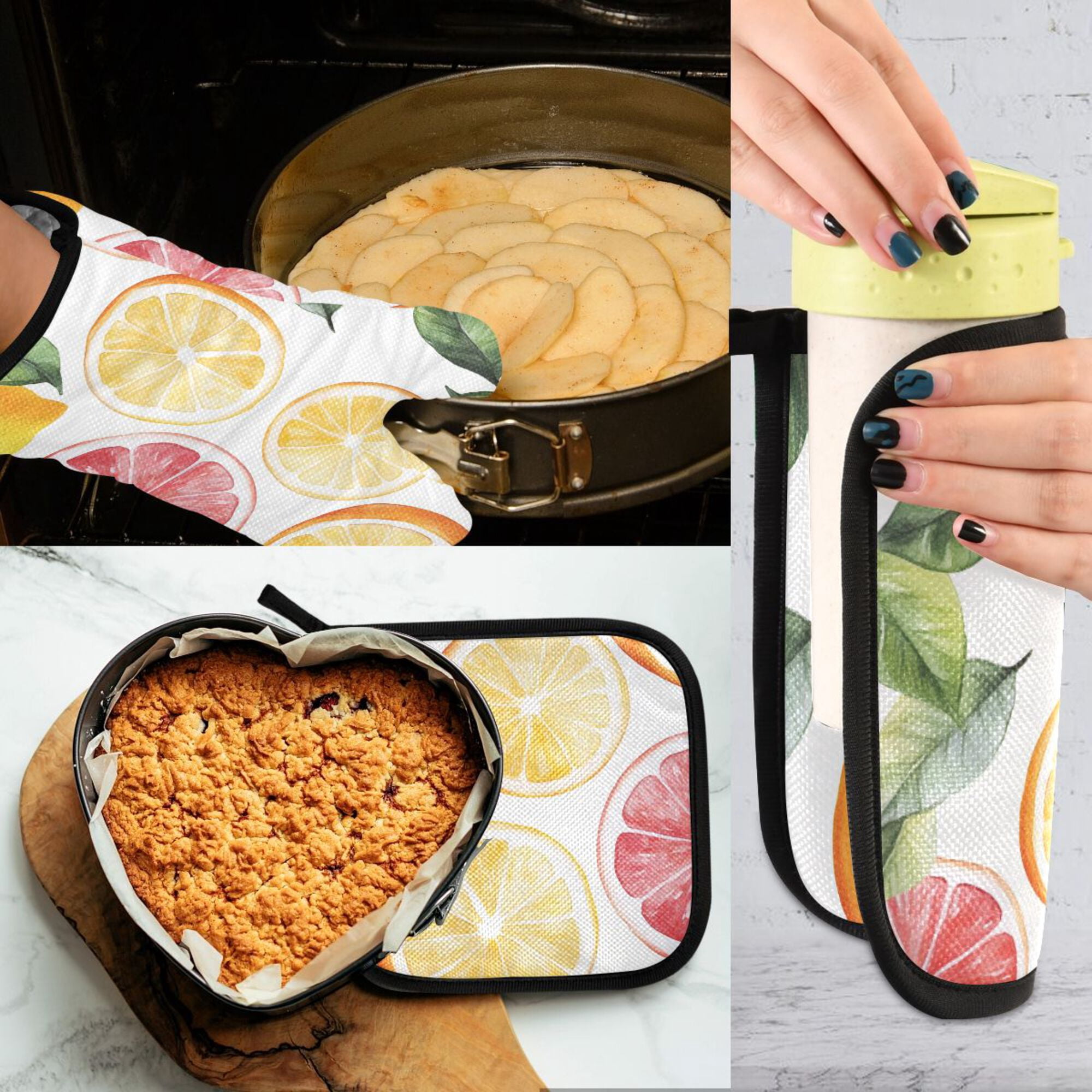 Yayeee Oven Mitts and Pot Holder Set of 4 Heat Resistant Kitchen Gloves Baking Hot Pad, Grapefruit Slices