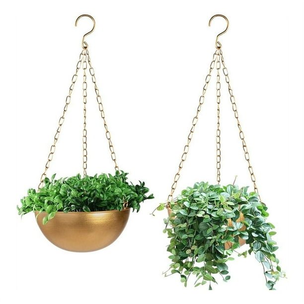 Gran Macetero Colgante Dorado con Drenaje, Soporte Semicircular para Plantas de Interior, Cuenco de Techo Liviano