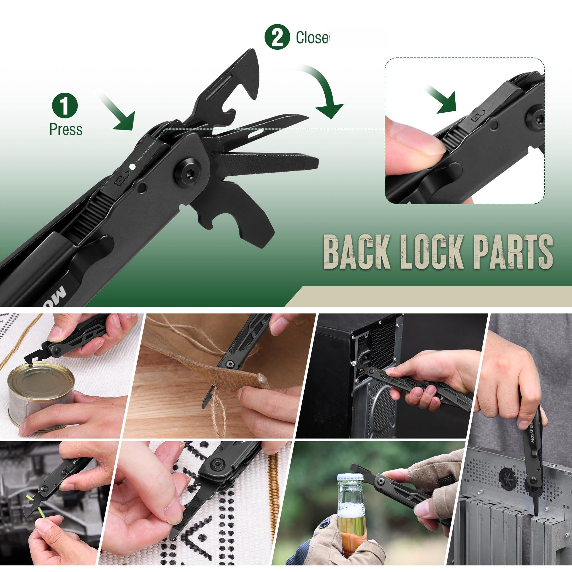 Mossy Oak Cnc-machined Multitool Pliers  27-in-1 Multi Tool With Pocket Fire Starter & Whistle Bottle Opener - Self-locking For Camping Hiking Black