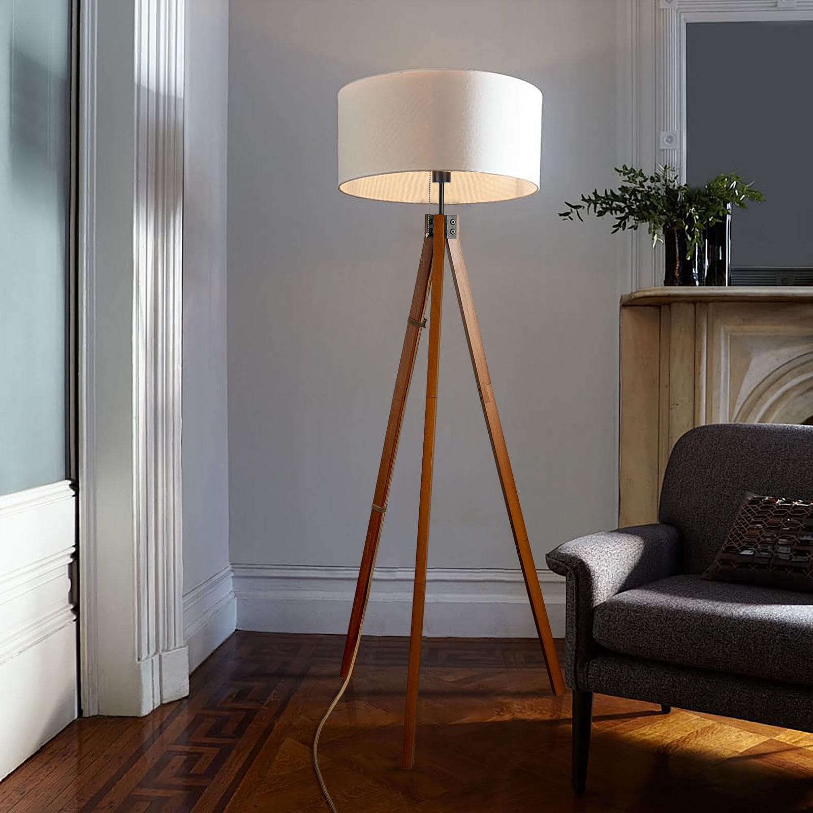 EE Eleven Master Wood Tripod Floor Lamp with 3 Color Temperatures LED Bulb, Mid Century Standing Lamp, Modern Design Tall Light for Living Room, Bedroom and Office, Flaxen Lamp Shade