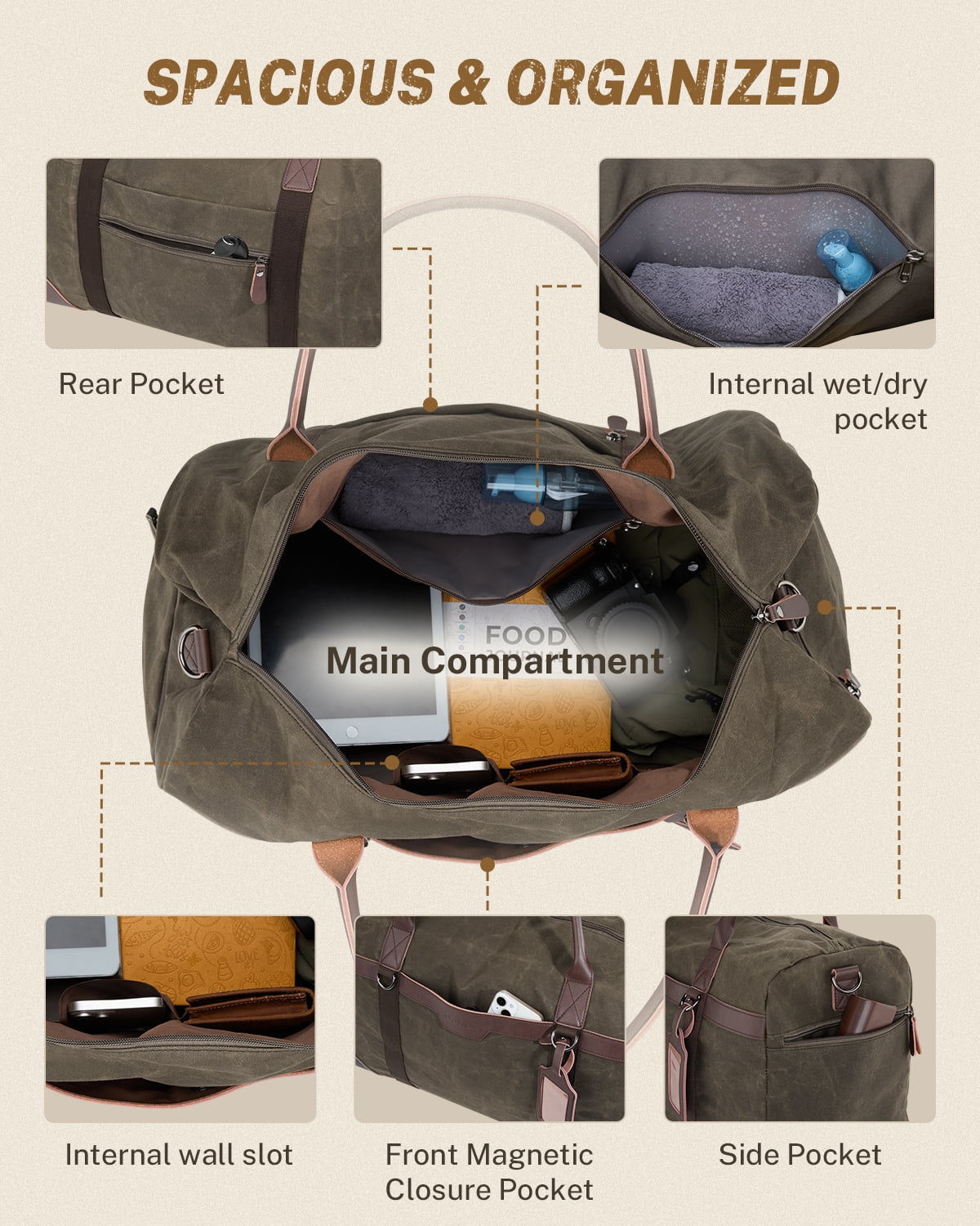 Gonex Waxed Canvas Duffle Bag, 55L Water-Resistant Travel Duffel, Vintage Overnight Weekender Bag with Shoes Compartment for Men & Women