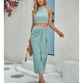 thumbnail image 3 of Crop Top vestido sin mangas elegante asimétrico casual slit Halter Masajeadores de cuello mujeres dos piezas trajes para viajes calle azul L, 3 of 6