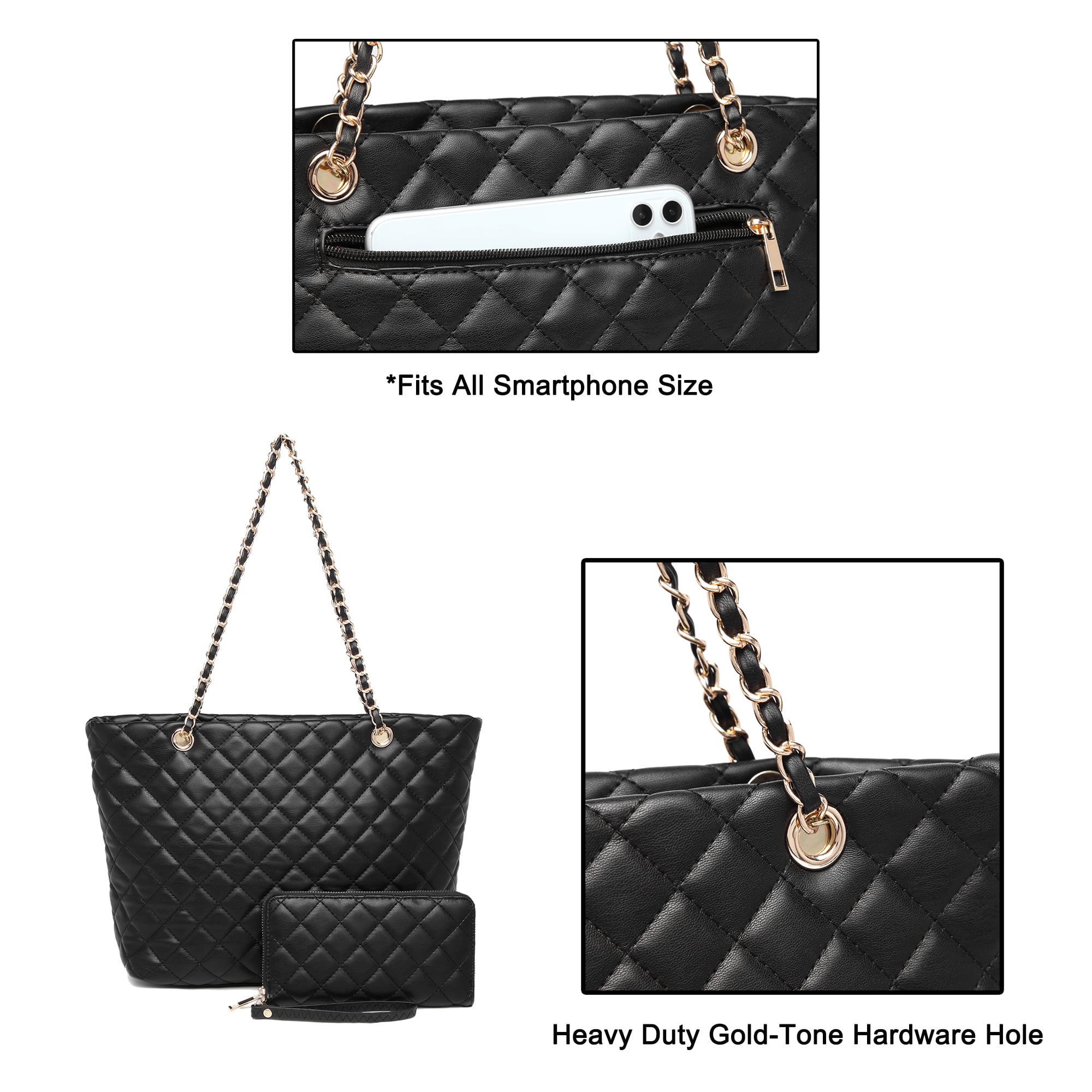 Poppy Women's Classic Quilted Shoulder Bag & Wallet Set Vagan Leather Metal  Chain Strap Tote Handbag Purse 2Pcs-Black