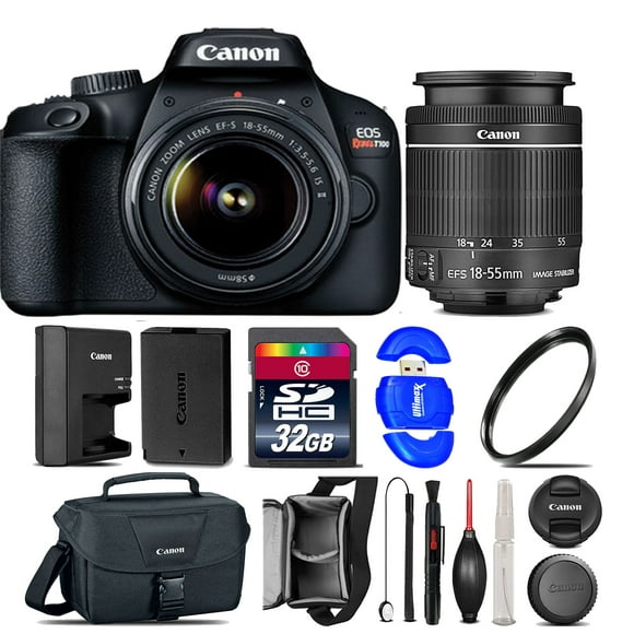 Canon EOS T100 with EF-S 18-55mm f/3.5-5.6 IS II Kit Lens W |Canon Case| UV Filter |32GB Kit