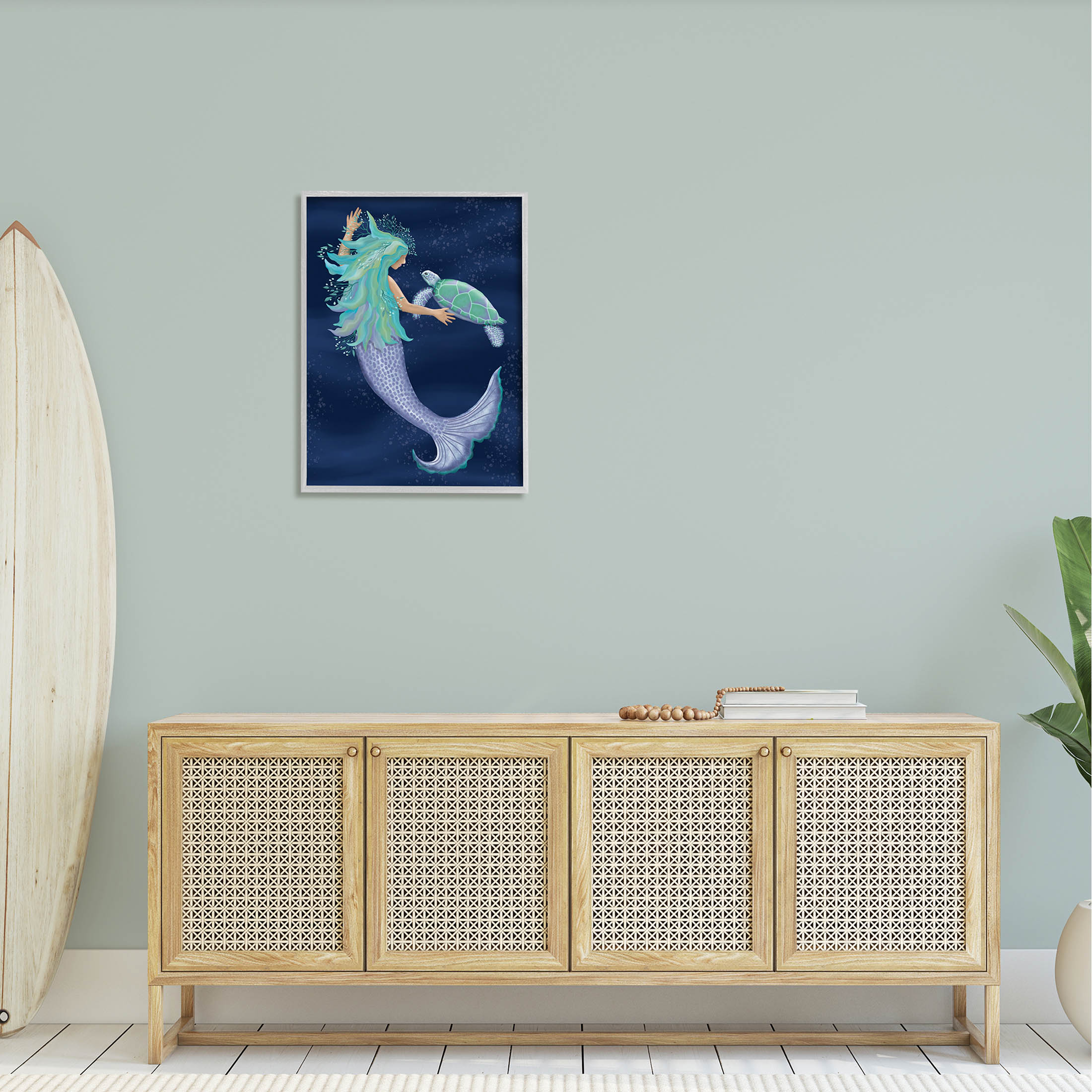 Nautical Mermaid Swimming Tortoise Fairy Tales & Fantasy Graphic Art Gray Framed Art Print Wall Art