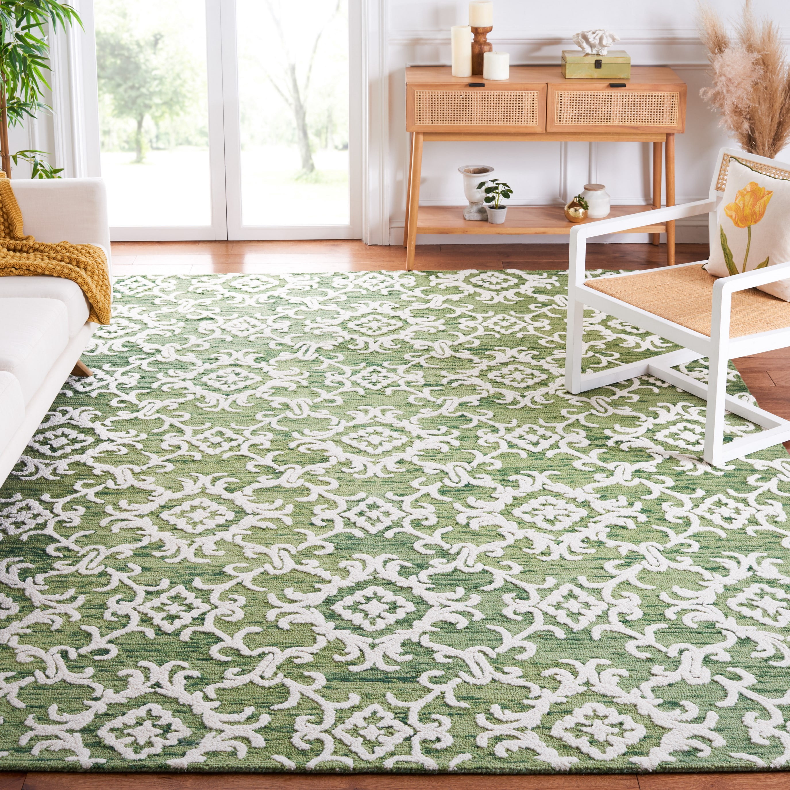 SAFAVIEH Blossom Cletus Geometric Wool Area Rug, Green/Ivory, 10' x 14'
