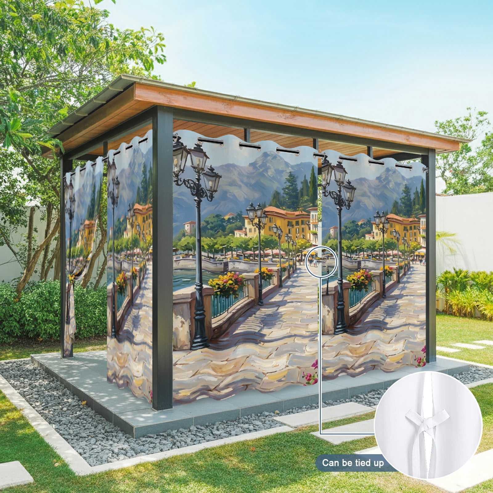 Seaside Walkway Outdoor Curtains for Patio, Coastal Town Mediterranean Scenery Sunshade Privacy Drapes Grommet Waterproof Outside Curtains for Porch/Cabana/Balcony 54"x 108", 1 Panel