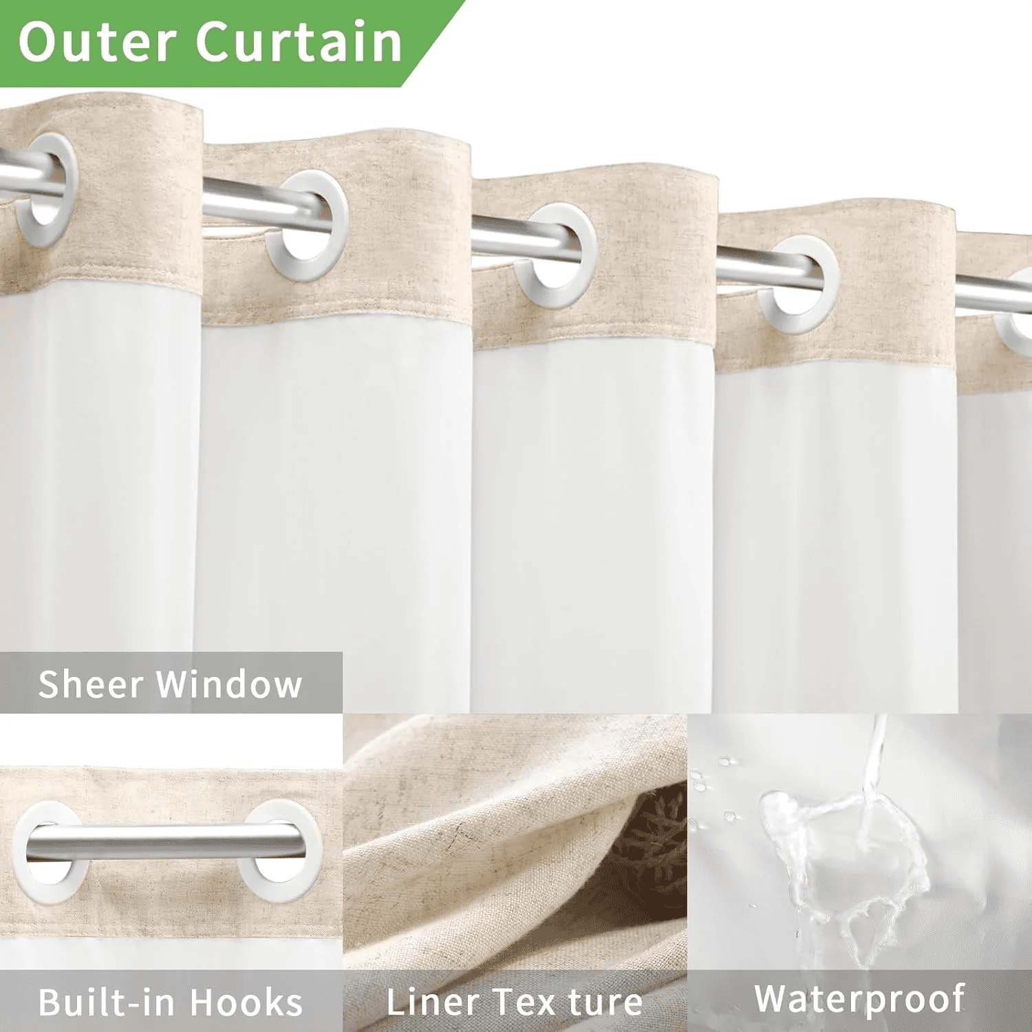 Psoiuetr Beige Linen Shower Curtain No Hook with Snap-in Fabric Liner Hotel Shower Curtain with See Through Top Window 72" W x 75" L