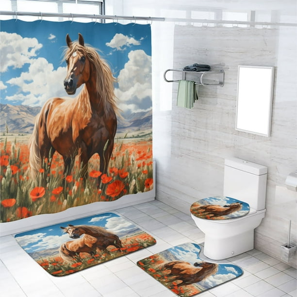 Juego de 4 cortinas de ducha con diseño de caballo, diseño de animales del oeste, bosque, flores rojas, paisaje natural, cortina de baño para baño, tela impermeable, juego de decoración para baño, 72