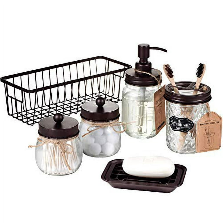 Home-Complete 5-Piece Mason Jar Bathroom Accessories Set with Lids, Black