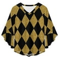 thumbnail image 4 of Black And Gold Harlequin Women's V-Neck Blouse With 3/4 Ruffled Bell Sleeves Casual Top Ladies Blouses, 4 of 7