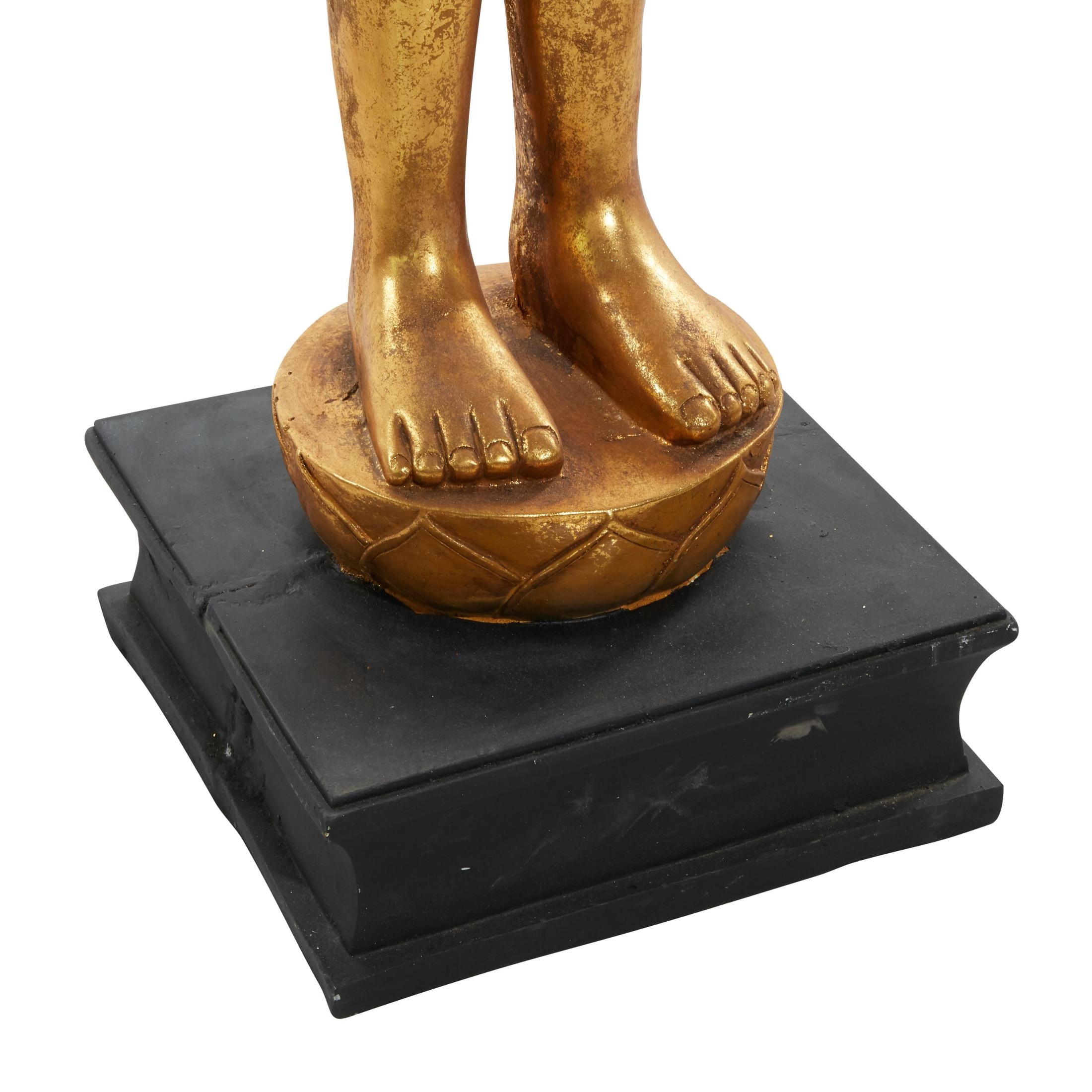 16" x 54" Gold Polystone Standing Floor Buddha Sculpture with Engraved Carvings and Relief Detailing, by DecMode