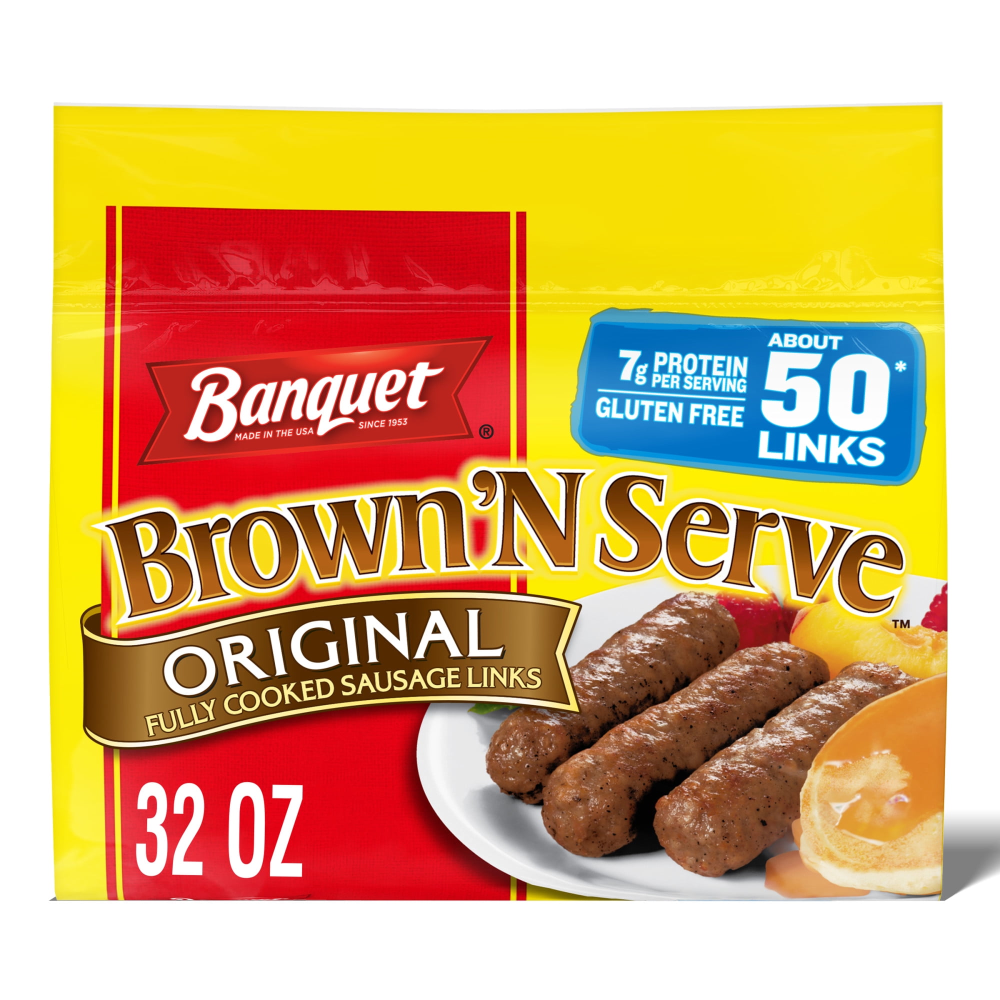 Banquet Brown'N Serve Original Fully Cooked Sausage Links, 6g Protein per Serving, Frozen Breakfast, 32 oz., 50-Count