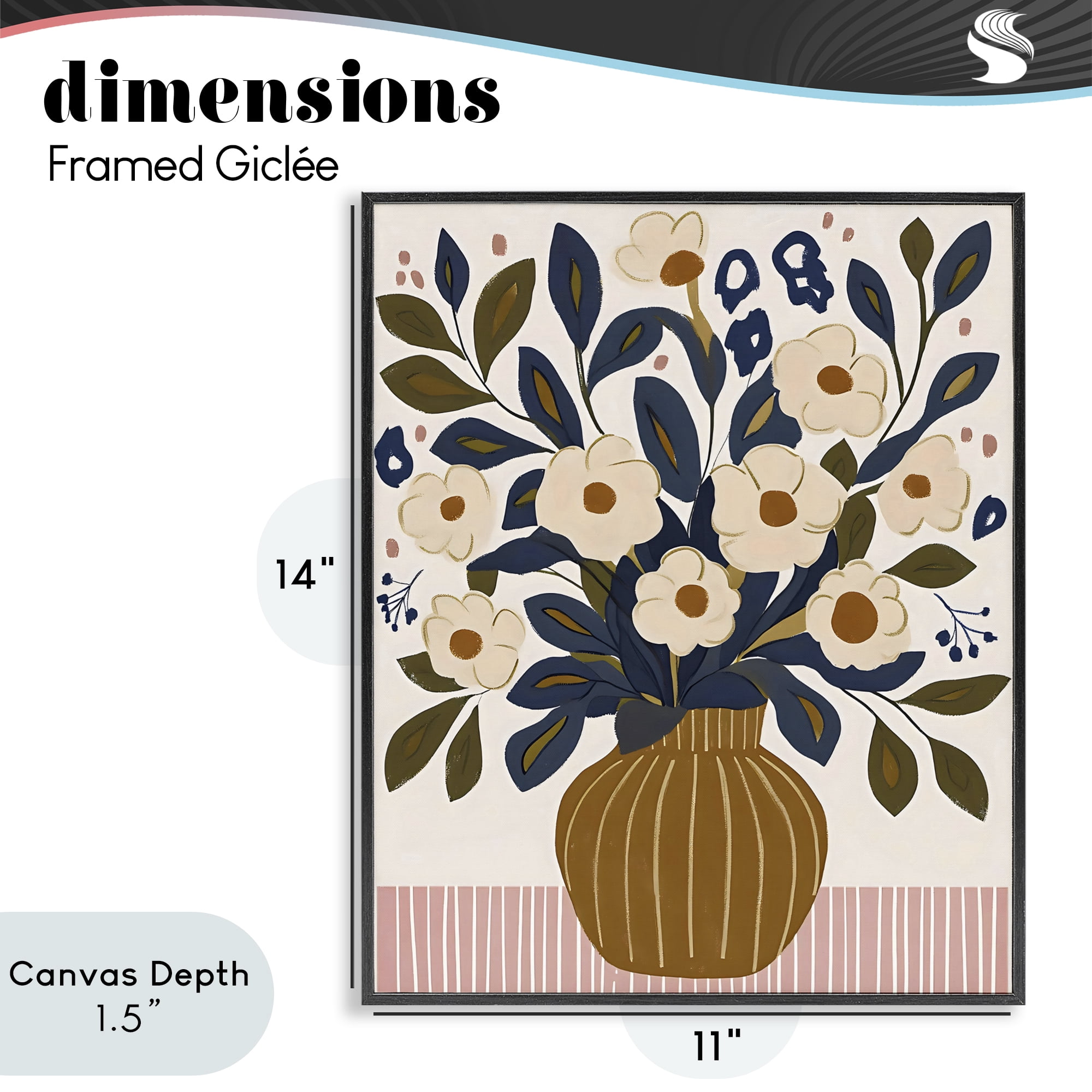 Stupell Industries Boho Floral Vase with Stripes Black Framed Giclee Art, design by Creative Studio