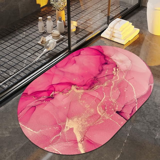 Red Gold Line Marble Mat Rugs Bathroom Floor Mat Super Absorbent Ultra Thin Low Profile Non Slip Quick Dry Washable Carpet for in Front of Bathtub,Shower Room,Sink(24"*16"Ellipse)
