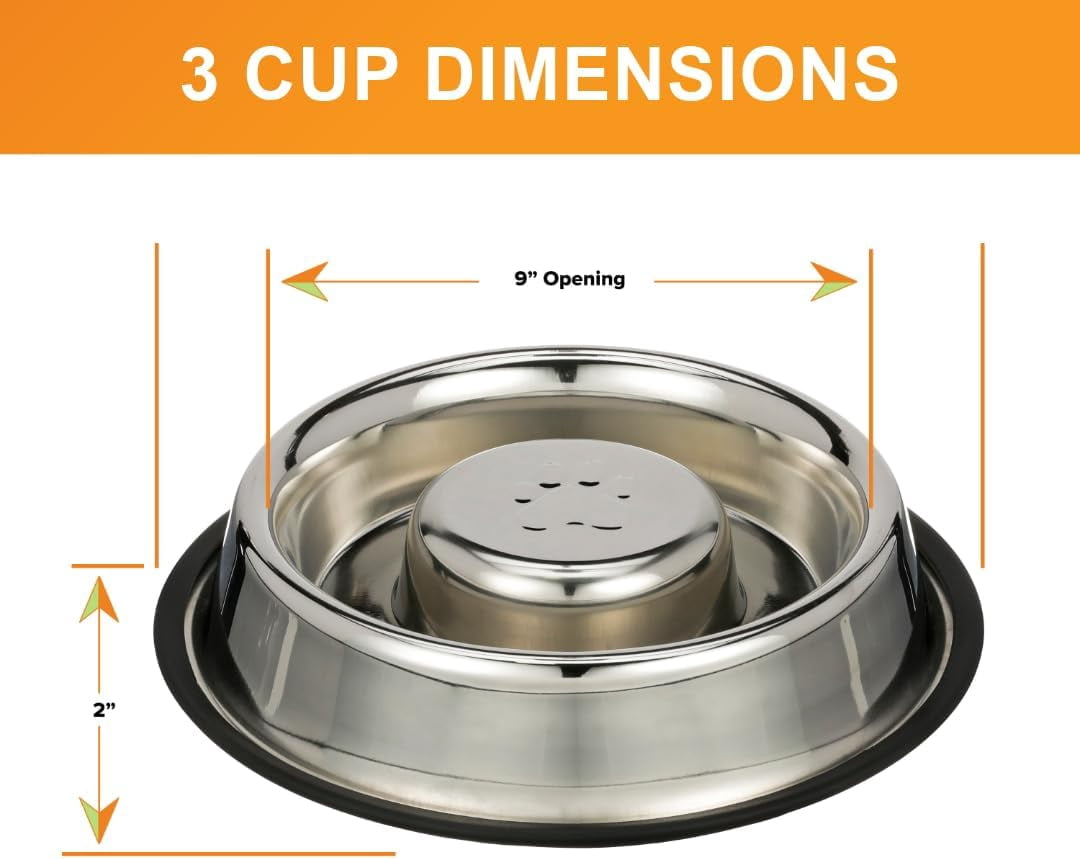 Stainless Steel Slow Feed Bowl - Non-Tip & Non-Skid - Stops Dog Food Gulping, Bloat, Indigestion, and Rapid Eating (3 Cup)