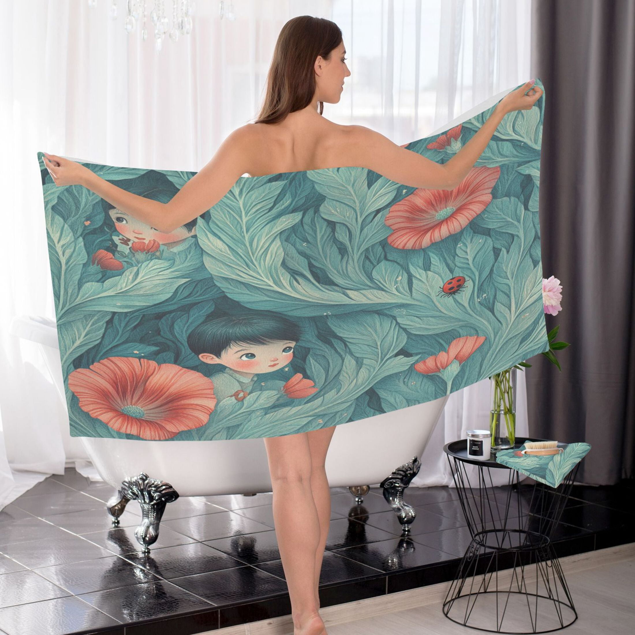Children's Illustration 2 Piece Cotton Bath and Face Towel Set Soft and Absorbent, for Beach Pool Bathroom