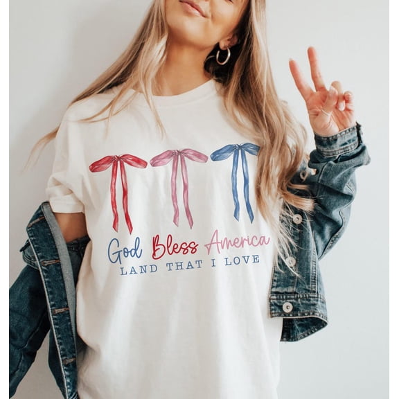 God Bless America T-shirt, Coquette Fourth of July Shirt, America Shirt, Patriotic Tee, Bows Shirt TH140503