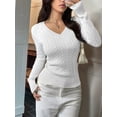 thumbnail image 5 of Women Long Sleeve Cable Knit Sweater Fall Fashion V Neck Fitted Pullover Business Casual Fall Outfits White M, 5 of 8