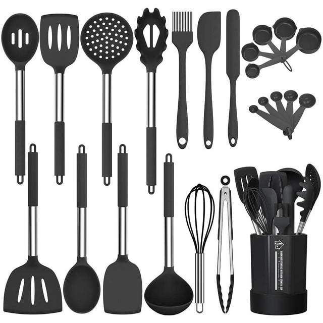 Silicone Cooking Utensil Set, Non-Stick Kitchen Utensil 24 Pcs Cooking Utensils Set, Heat Resistant Cookware, Silicone Kitchen Tools Gift with Stainless Steel Handle (Gray-24pcs)