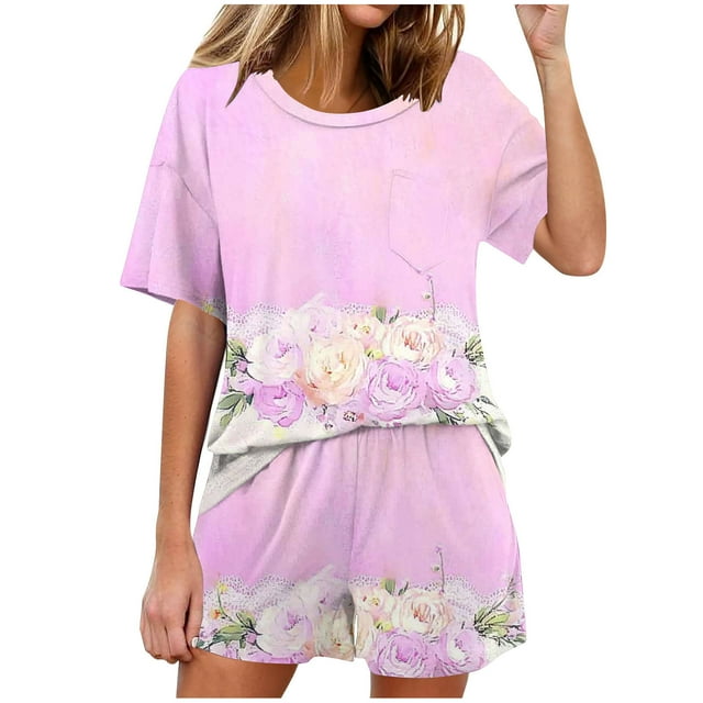 Conjunto de Pijama de las Mujeres de Moda Casual Color Sólido Casa Manga Corta Cuello Redondo Superior Y Pantalones, Ropa de Salón