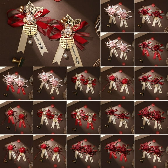Dserhfy 2Pcs/Set Chinese Wedding Corsages Romantic Bow Decor Alloy Traditional Bride Groom Brooches Pin for Wedding Engagement Anniversary