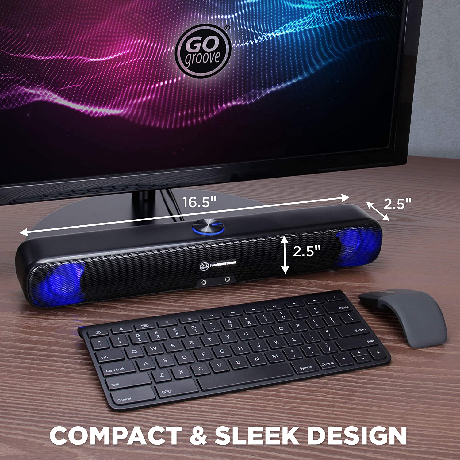 GOgroove Computer Speaker LED Sound Bar - SonaVERSE Sense USB Powered Desktop Computer Speaker for PC, Laptop with Glowing LED Lights, Stereo Drivers, Headphone and Microphone Ports, Wired AUX Input - image 2 of 9