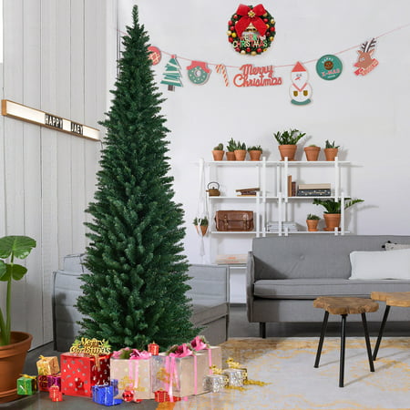 Gymax  9' PVC Artificial Christmas Tree Holiday Decor Slim Pencil Tree Metal