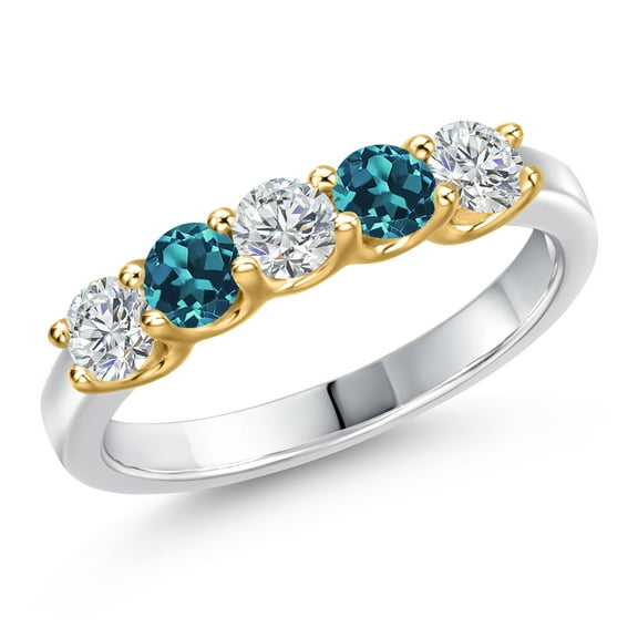 Gem Stone King 10K Two Tone Gold Lab Grown Diamond and London Blue Topaz Wedding-Bands Ring for Women | 0.95 Cttw | Round 3.5MM | Gemstone April Birthstone | Size 7