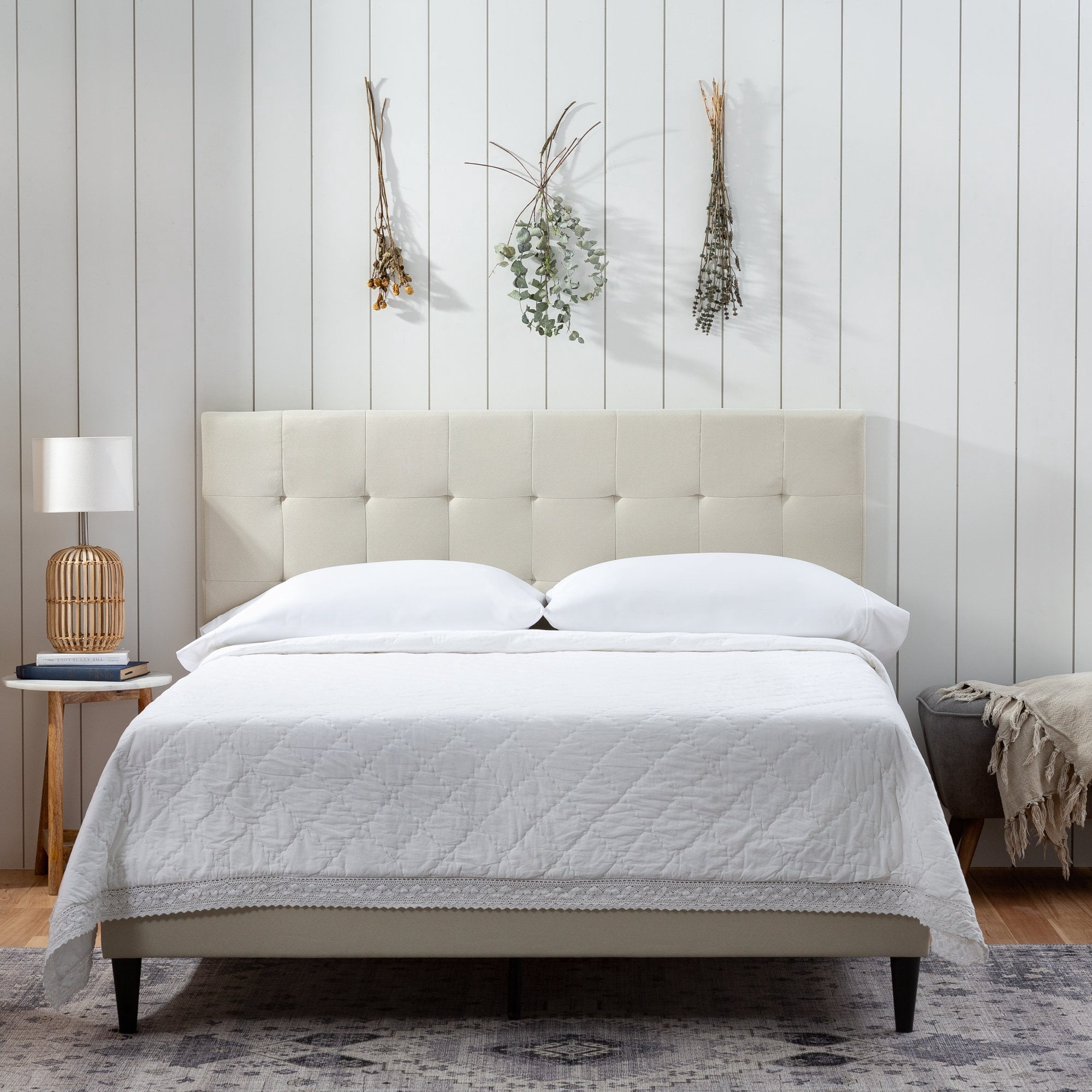 Rest Haven Ells Square Tufted Upholstered Bed, King, Cream